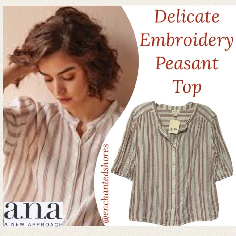Striped Peasant Blouse Cotton Blend Button Front Boho Cottage Ivory Size Medium